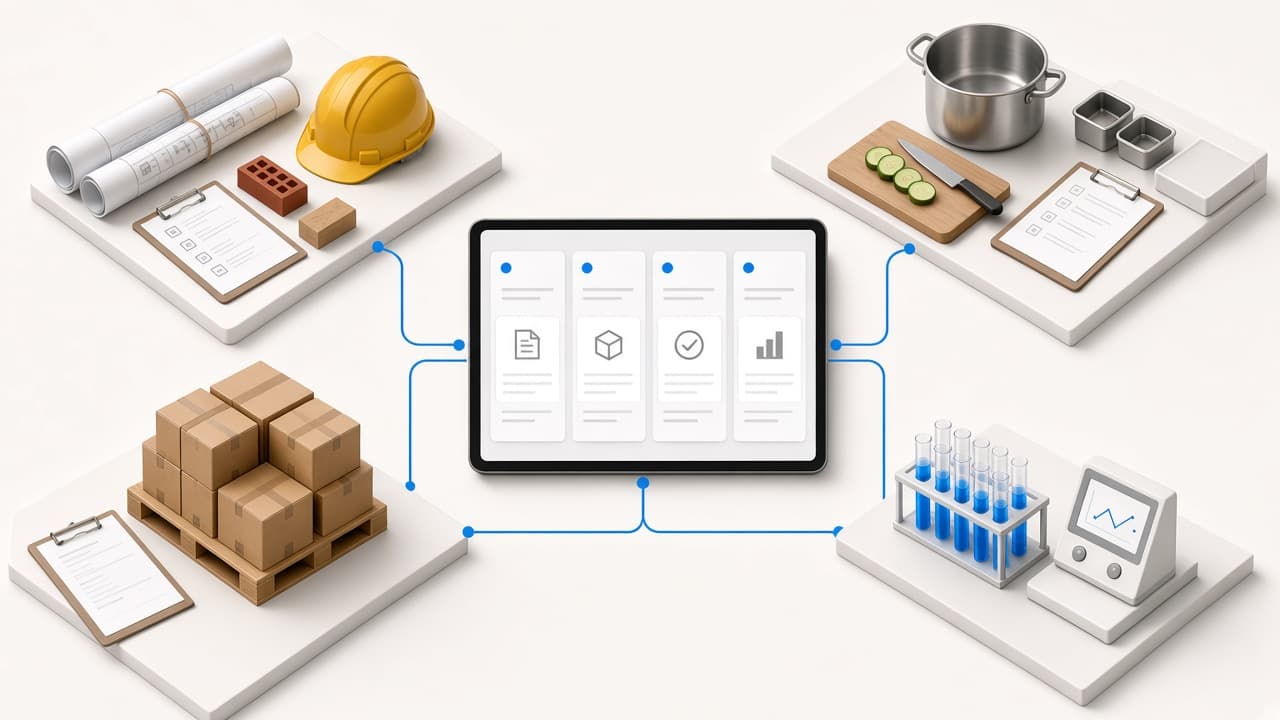 Quatro locais de trabalho em torno de um projeto: obra, cozinha, recebimento e laboratório.