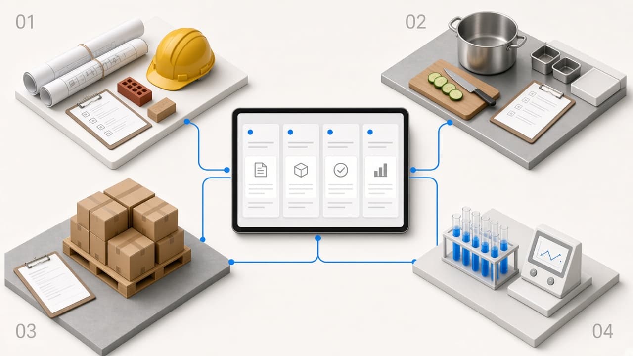 Quatro locais de trabalho em torno de um projeto: obra, cozinha, recebimento e bancada de laboratório.