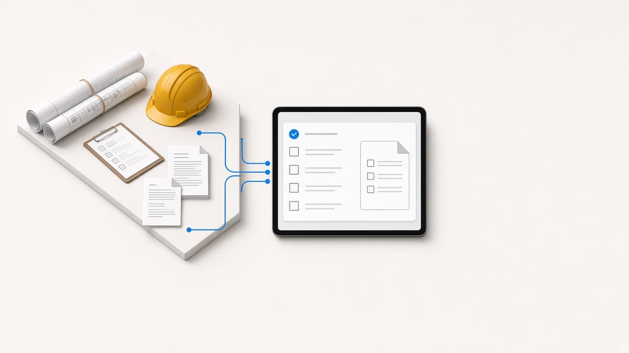Um checklist de obra no papel virando um checklist digital no tablet.