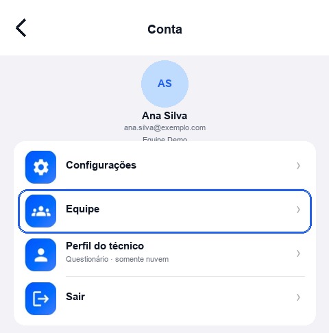 Menu Conta com Equipe