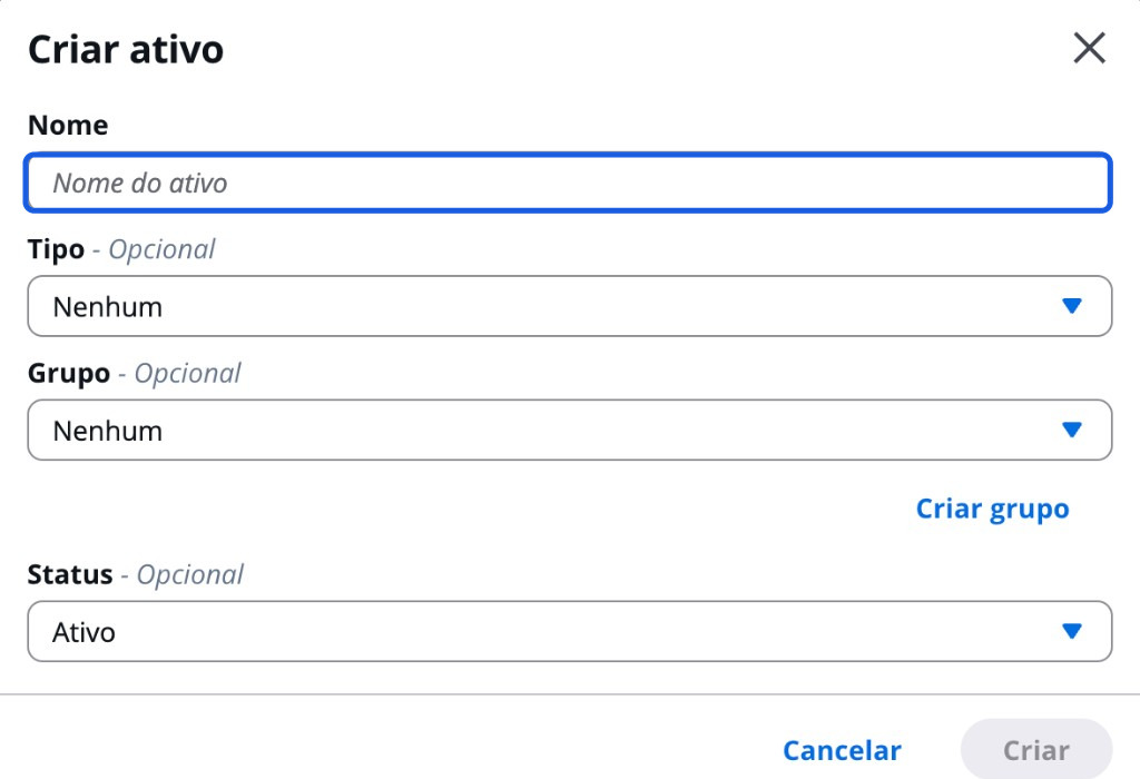 Modal Criar ativo