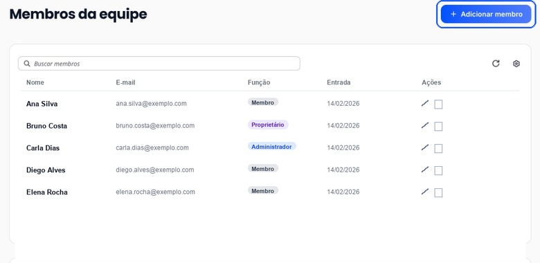 Membros da equipe com Adicionar membro