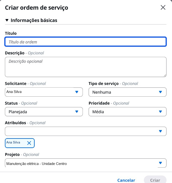 Modal Criar ordem de serviço