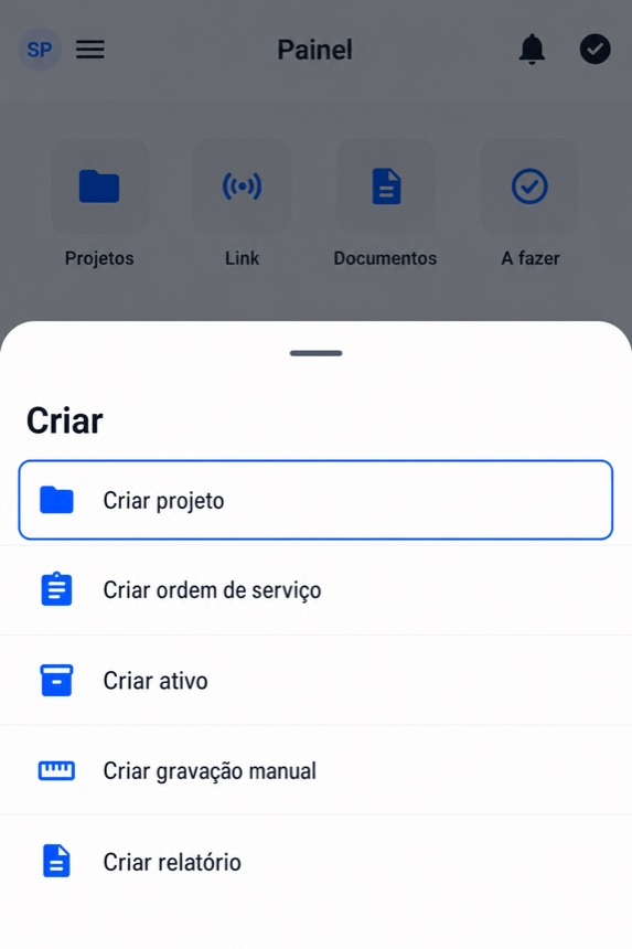 Folha Criar com Criar projeto destacado