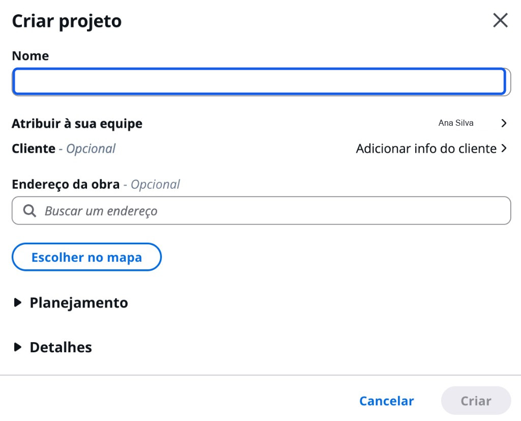 Formulário Criar projeto com o campo Nome destacado